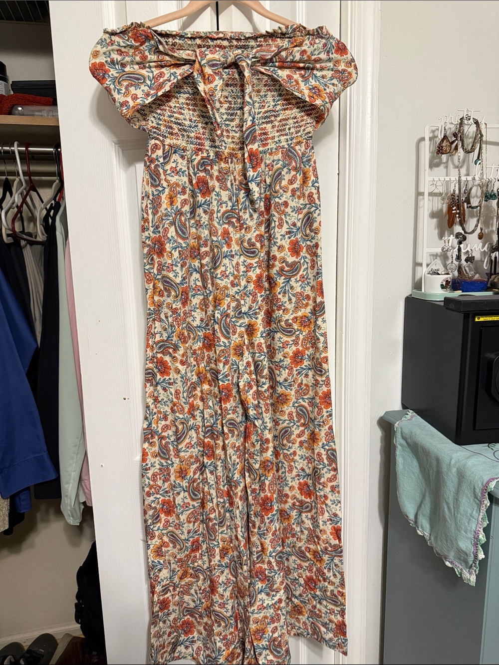 Patrons of Peace Cream strapless jumper with Rust and Blue Paisley Print